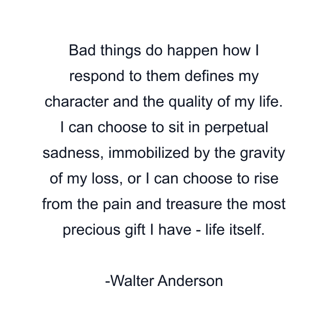 Bad things do happen how I respond to them defines my character and the quality of my life. I can choose to sit in perpetual sadness, immobilized by the gravity of my loss, or I can choose to rise from the pain and treasure the most precious gift I have - life itself.