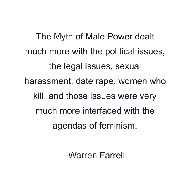 The Myth of Male Power dealt much more with the political issues, the legal issues, sexual harassment, date rape, women who kill, and those issues were very much more interfaced with the agendas of feminism.