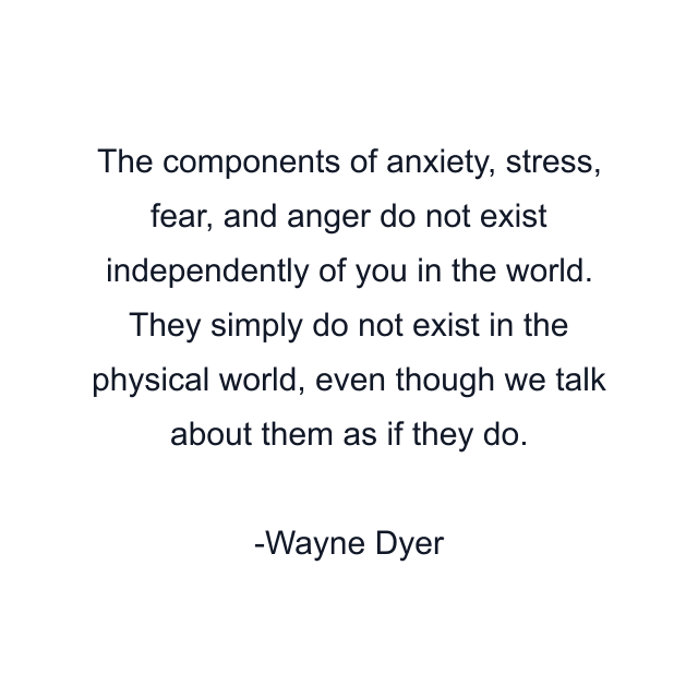 The components of anxiety, stress, fear, and anger do not exist independently of you in the world. They simply do not exist in the physical world, even though we talk about them as if they do.