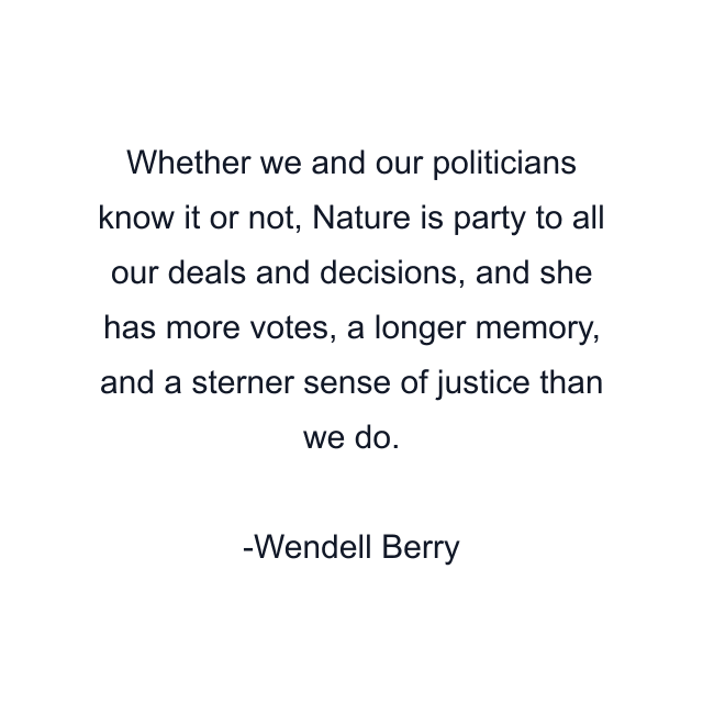 Whether we and our politicians know it or not, Nature is party to all our deals and decisions, and she has more votes, a longer memory, and a sterner sense of justice than we do.