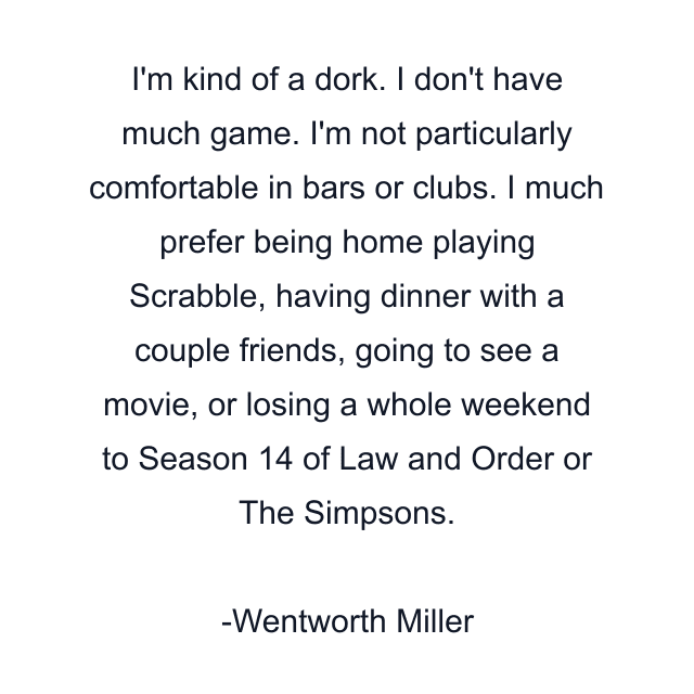 I'm kind of a dork. I don't have much game. I'm not particularly comfortable in bars or clubs. I much prefer being home playing Scrabble, having dinner with a couple friends, going to see a movie, or losing a whole weekend to Season 14 of Law and Order or The Simpsons.