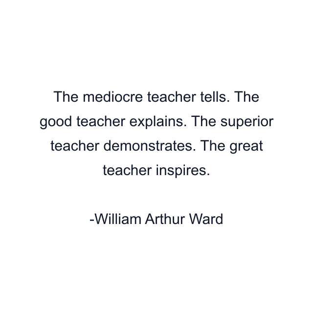 The mediocre teacher tells. The good teacher explains. The superior teacher demonstrates. The great teacher inspires.