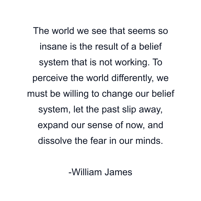 The world we see that seems so insane is the result of a belief system that is not working. To perceive the world differently, we must be willing to change our belief system, let the past slip away, expand our sense of now, and dissolve the fear in our minds.