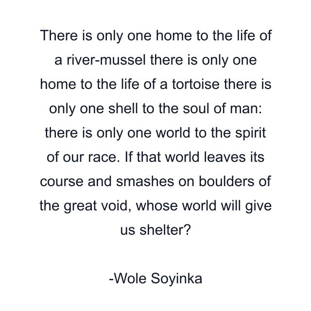 There is only one home to the life of a river-mussel there is only one home to the life of a tortoise there is only one shell to the soul of man: there is only one world to the spirit of our race. If that world leaves its course and smashes on boulders of the great void, whose world will give us shelter?