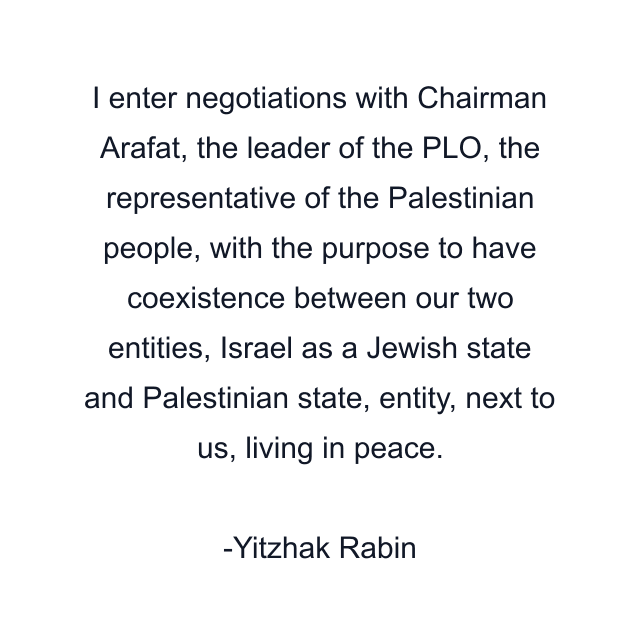 I enter negotiations with Chairman Arafat, the leader of the PLO, the representative of the Palestinian people, with the purpose to have coexistence between our two entities, Israel as a Jewish state and Palestinian state, entity, next to us, living in peace.