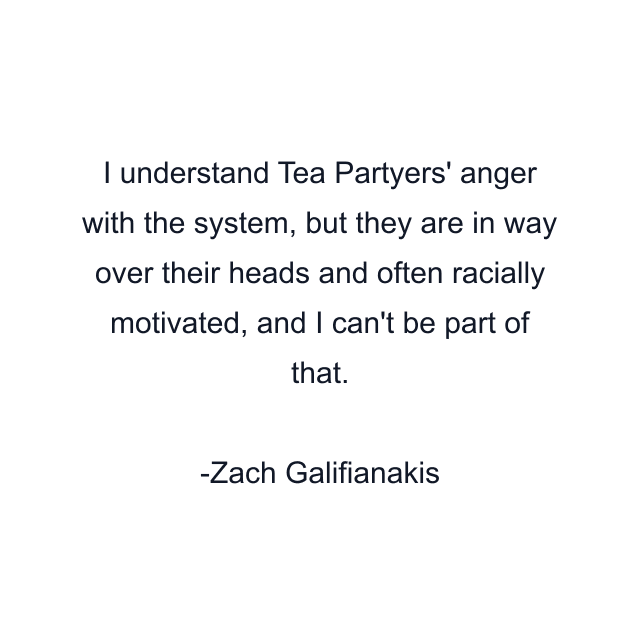 I understand Tea Partyers' anger with the system, but they are in way over their heads and often racially motivated, and I can't be part of that.