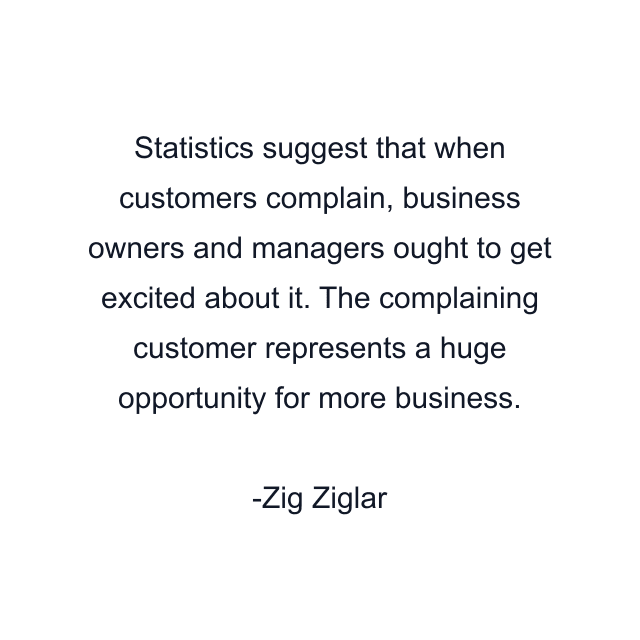 Statistics suggest that when customers complain, business owners and managers ought to get excited about it. The complaining customer represents a huge opportunity for more business.